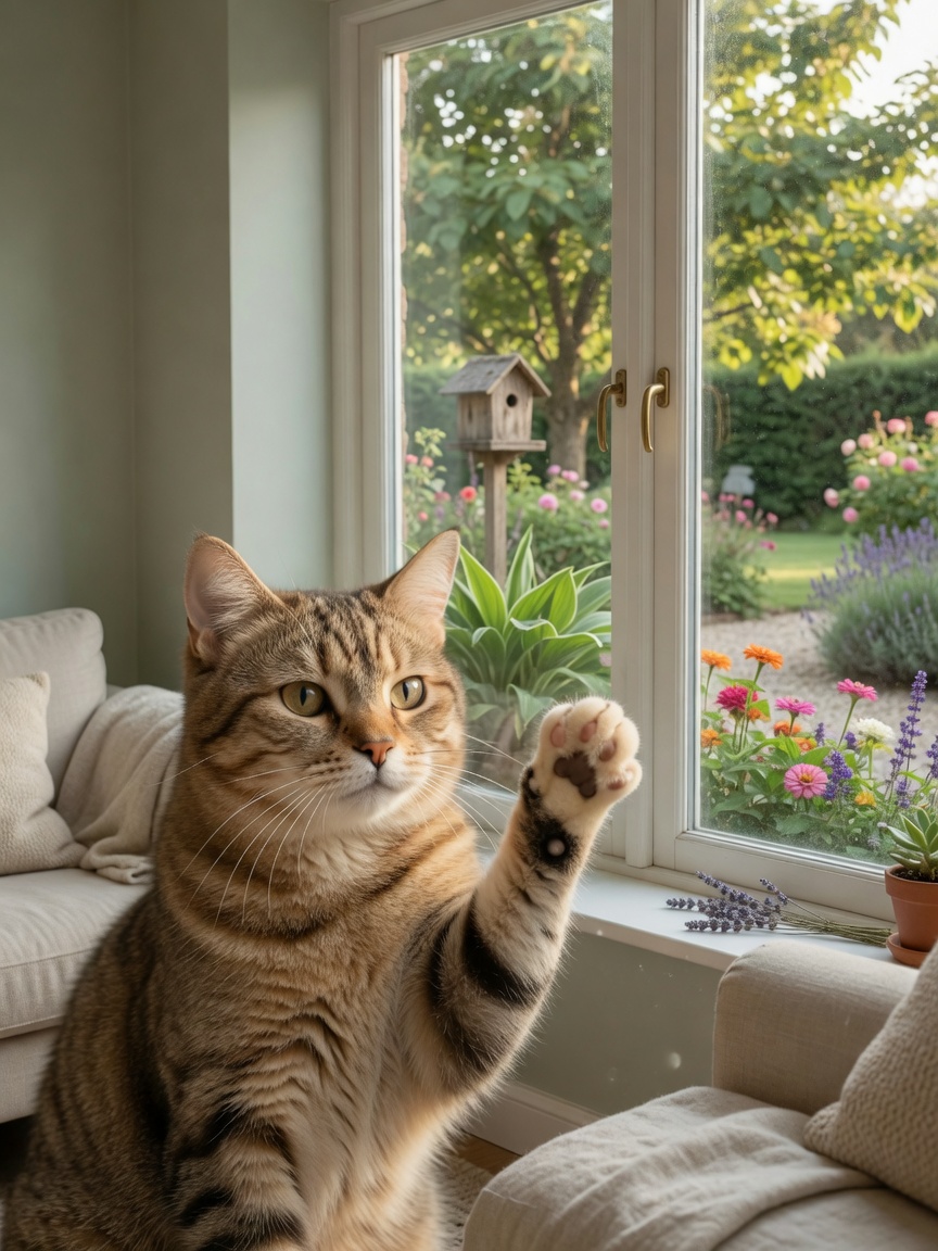 Indoor cat safely viewing outdoor garden through window representing indoor versus outdoor lifespan factors