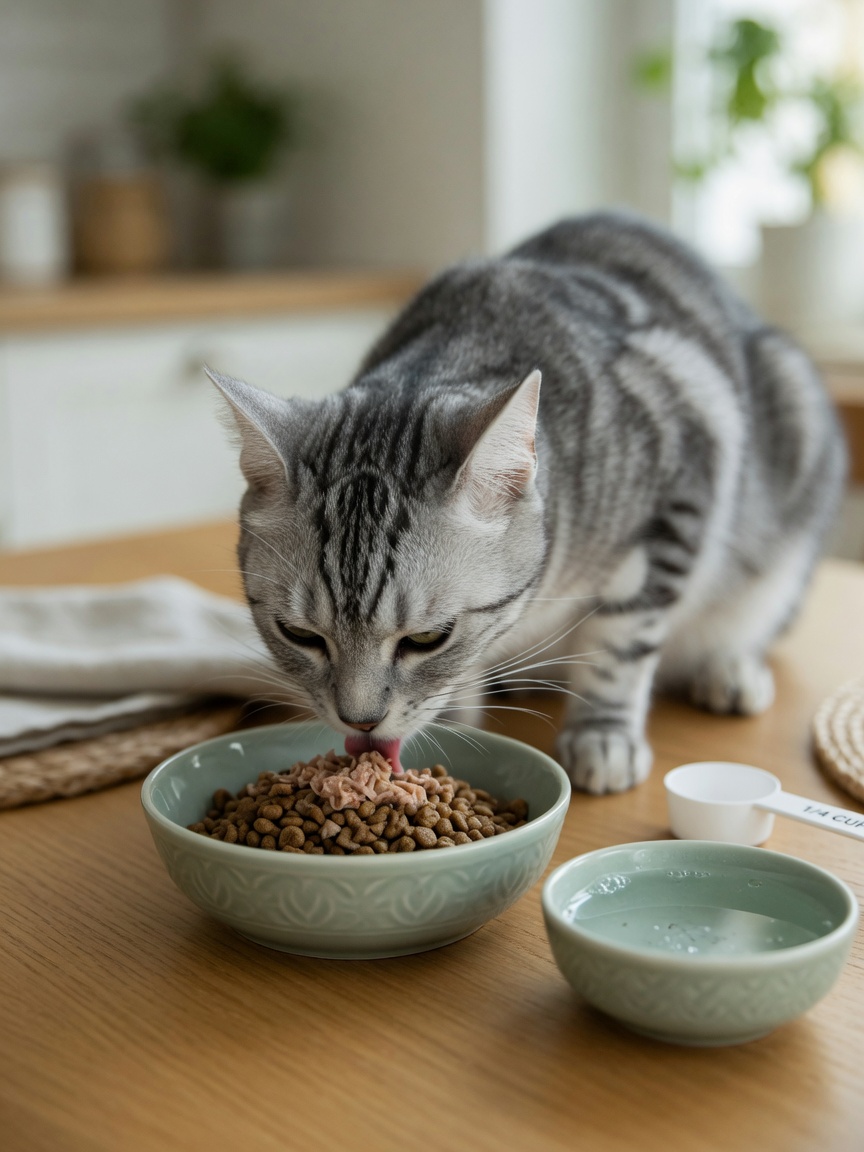 Lean healthy cat eating nutritionally complete food from ceramic bowl showing proper weight and nutrition