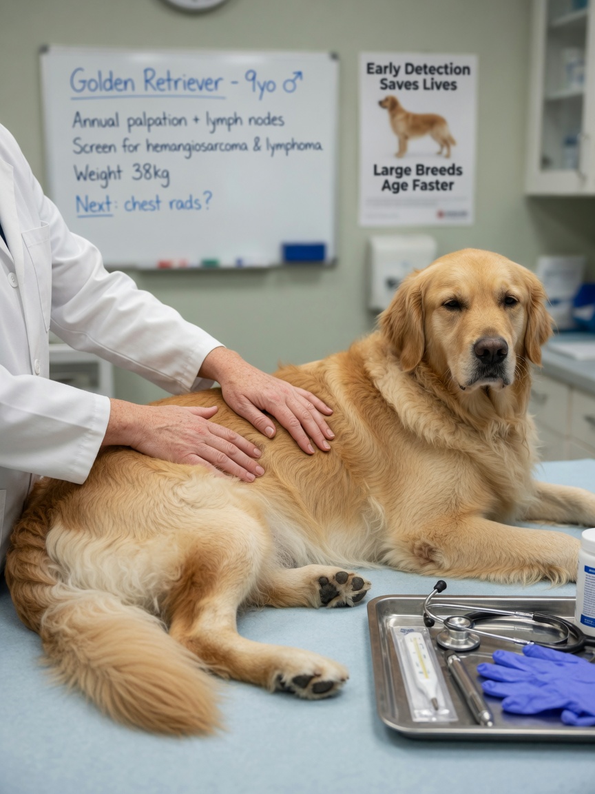 A veterinarian examining a large Golden Retriever on an examination table, showing professional health assessment.