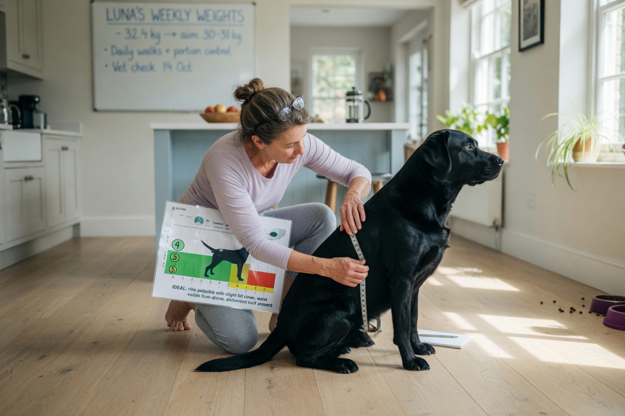 A dog owner assessing their black Labrador's body condition and weight in a bright home environment.