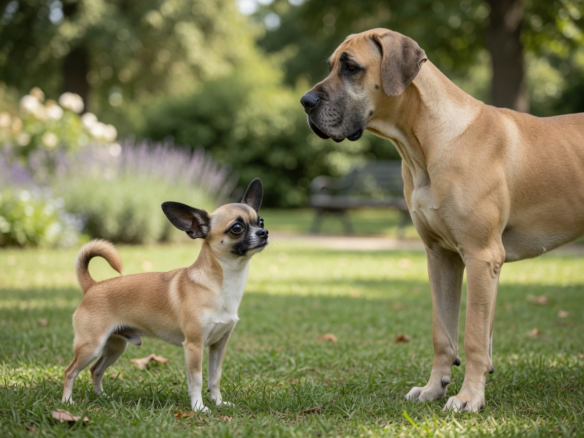 Tiny Chihuahua and massive Great Dane standing side by side to show dramatic size difference between toy and giant breeds