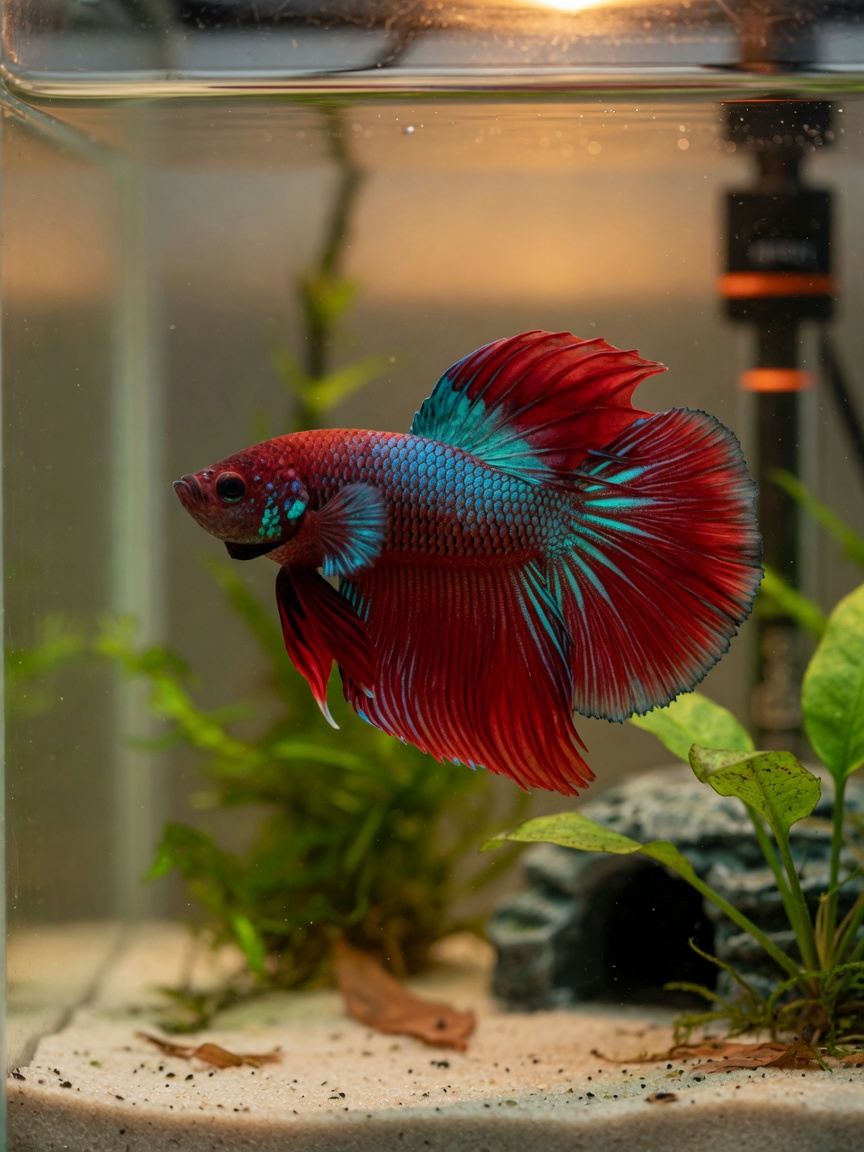 Ein lebendiger männlicher Betta-Fisch mit fließenden karminroten und türkisen Flossen in einem ordnungsgemäß gepflegten 5-Gallonen-Aquarium mit Pflanzen und Substrat