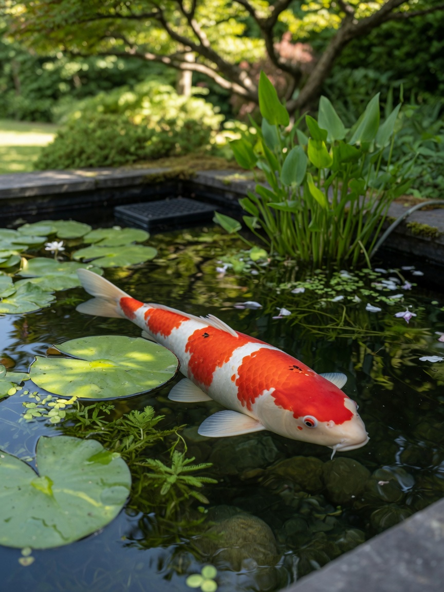 Ein reifer Koi mit rot-weißen Flecken, der in einem gut gepflegten Außenteich mit Wasserlilien und Wasserpflanzen schwimmt