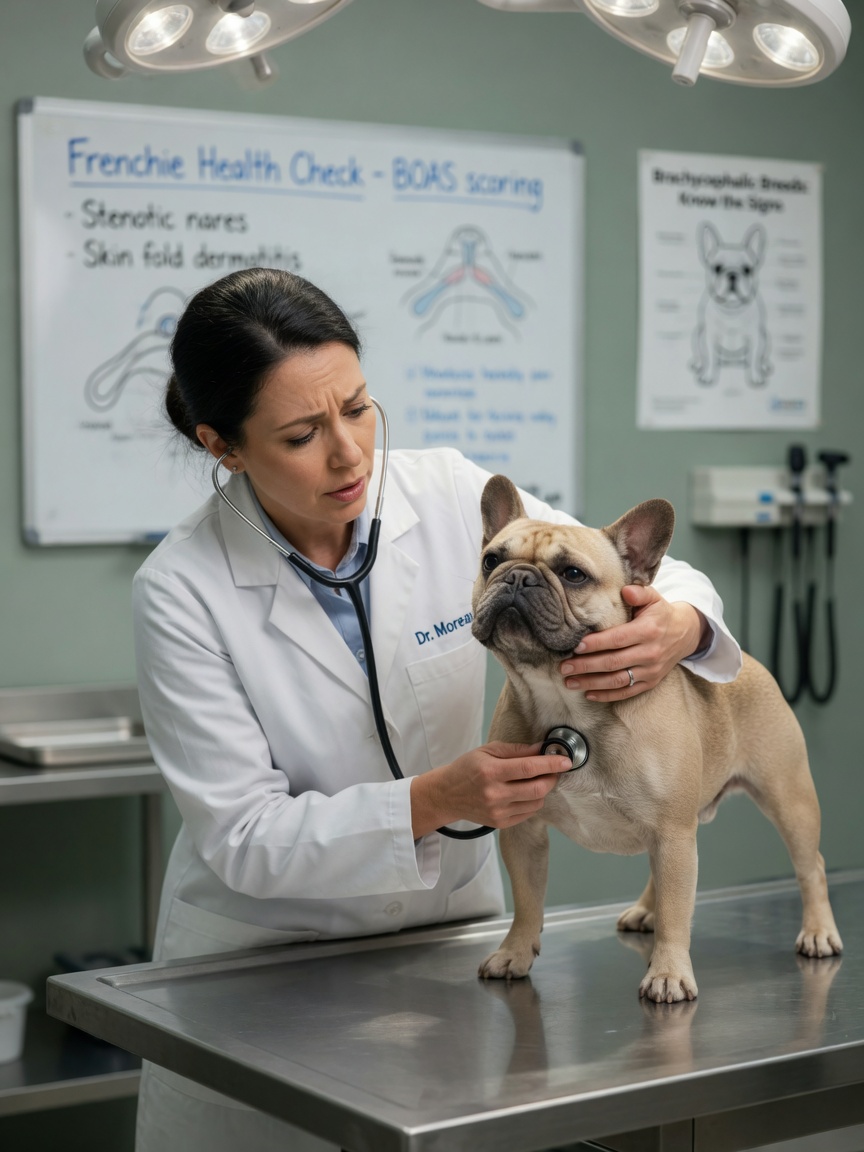 Veterinarian examining a French Bulldog's face and chest during health assessment