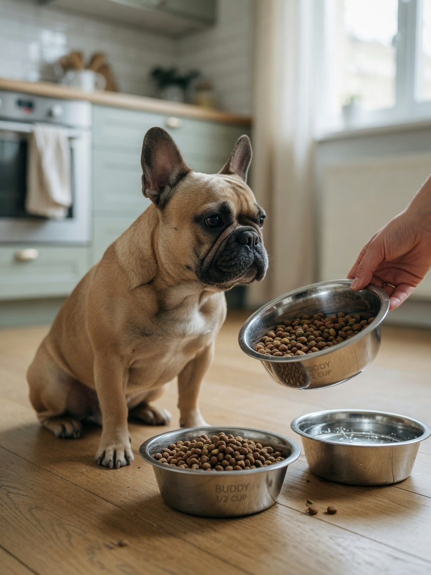 French Bulldog beside a measured portion of food in a bowl, demonstrating proper nutrition and weight management
