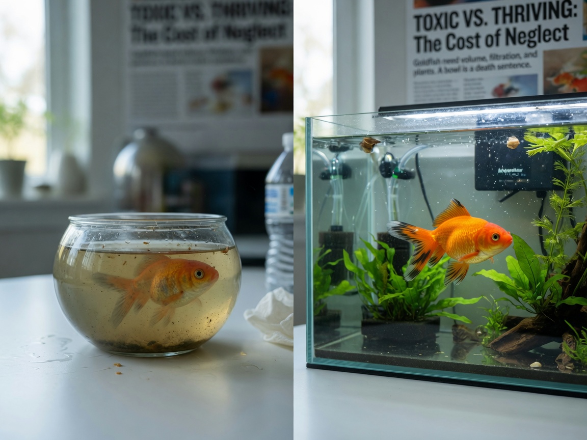Comparison of a goldfish in a toxic small bowl versus a healthy filtered aquarium environment