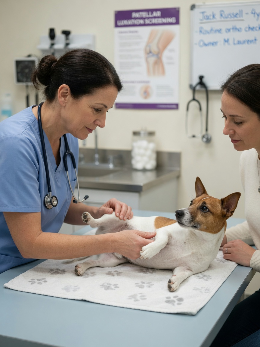 Veterinario examinando las patas traseras de un Jack Russell Terrier para detectar luxación rotuliana durante un examen de salud, con el propietario presente en la clínica.