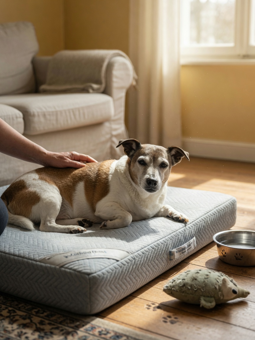 Un anciano Jack Russell Terrier descansando tranquilamente en una cama ortopédica con la mano del propietario tocando suavemente su espalda, con luz solar filtrándose a través de una ventana cercana.