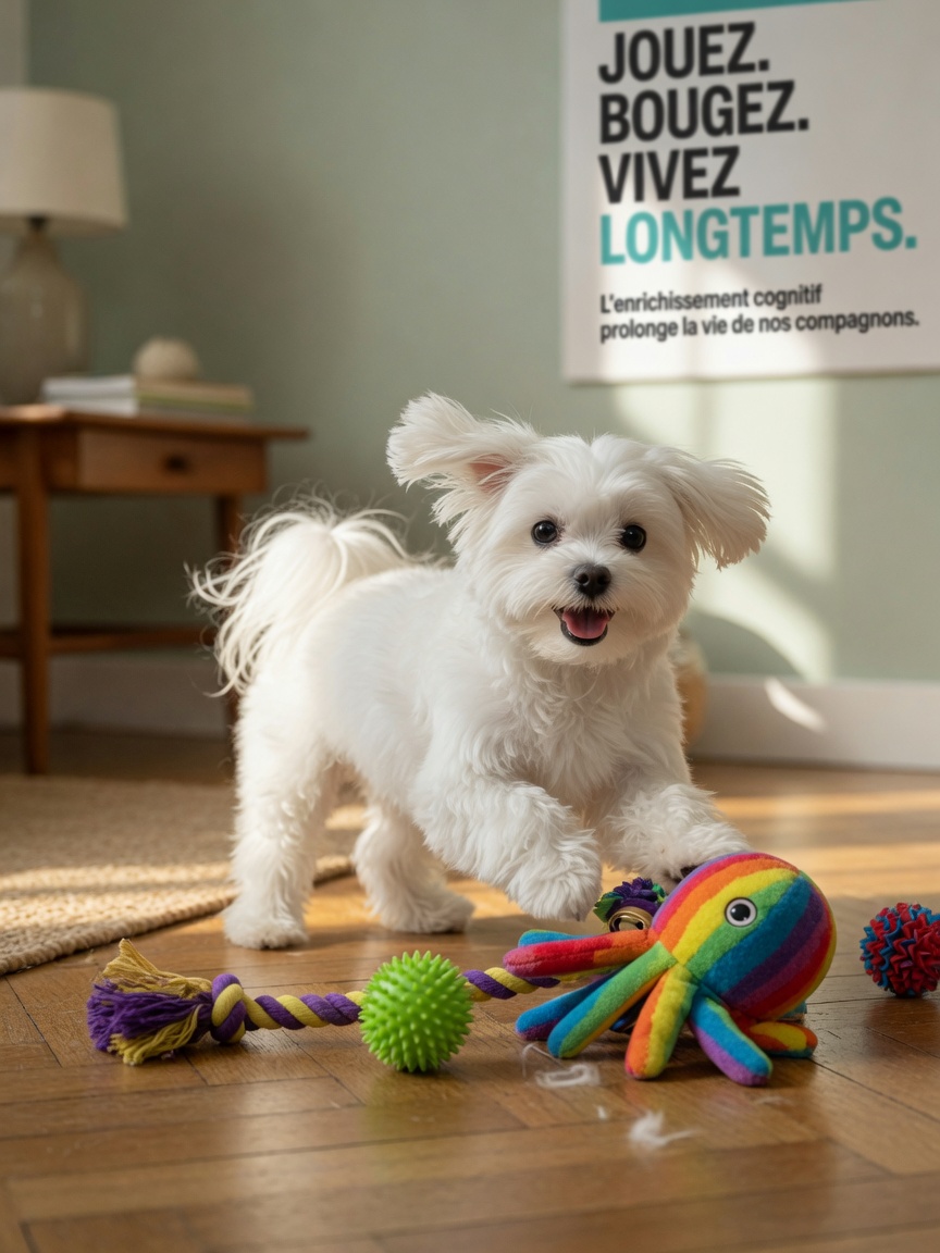 Active white Maltese dog playing with toys indoors, demonstrating mental stimulation and physical activity for longevity