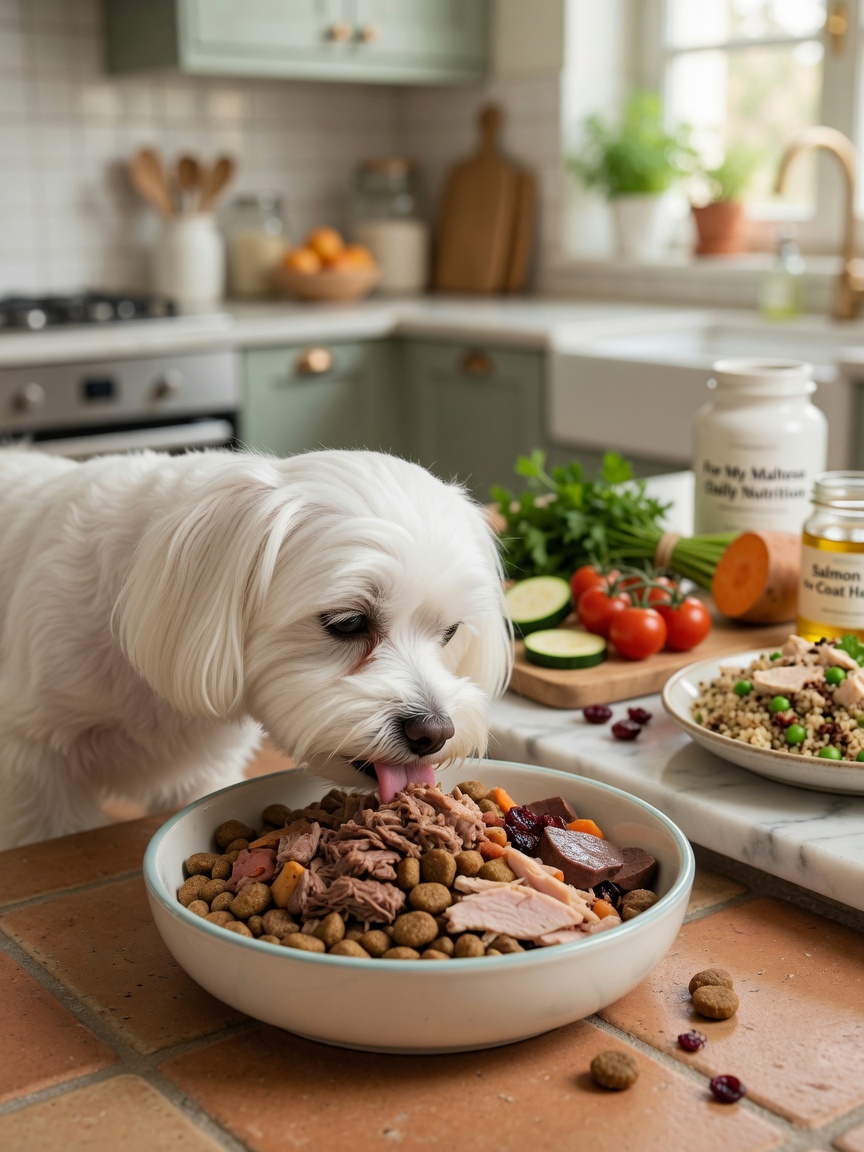 White Maltese dog eating nutritious food from a bowl with fresh ingredients visible nearby in kitchen setting
