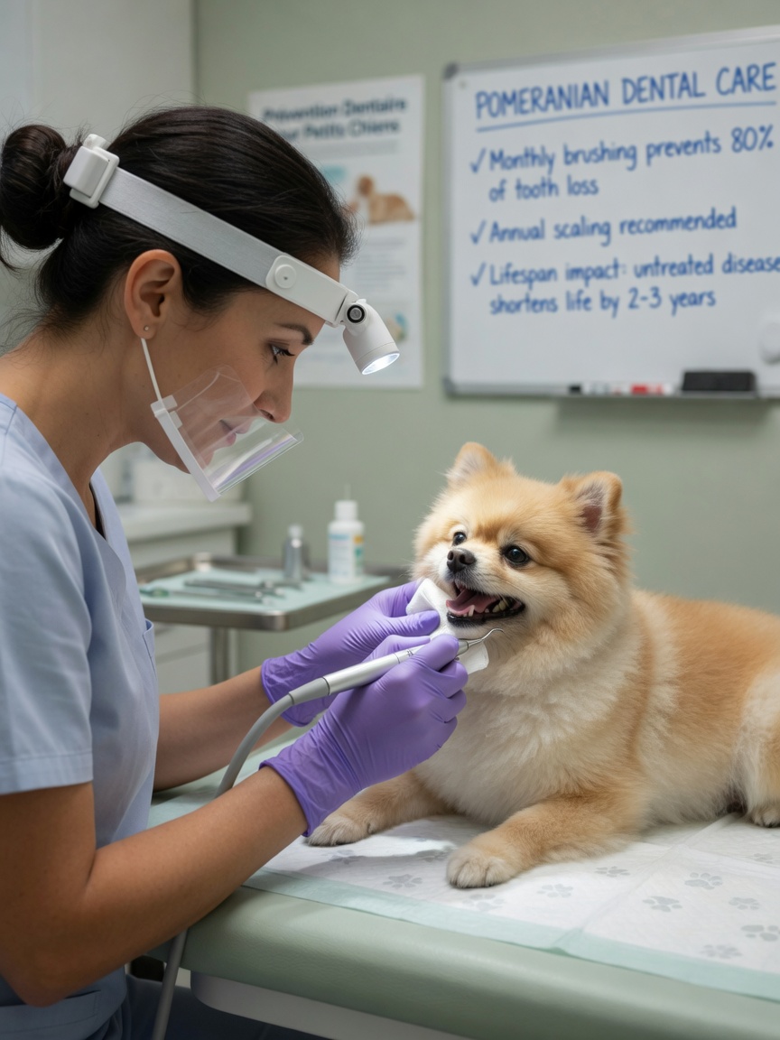 A veterinarian performing a dental examination on a small fluffy Pomeranian, demonstrating preventative dental care for breed health.