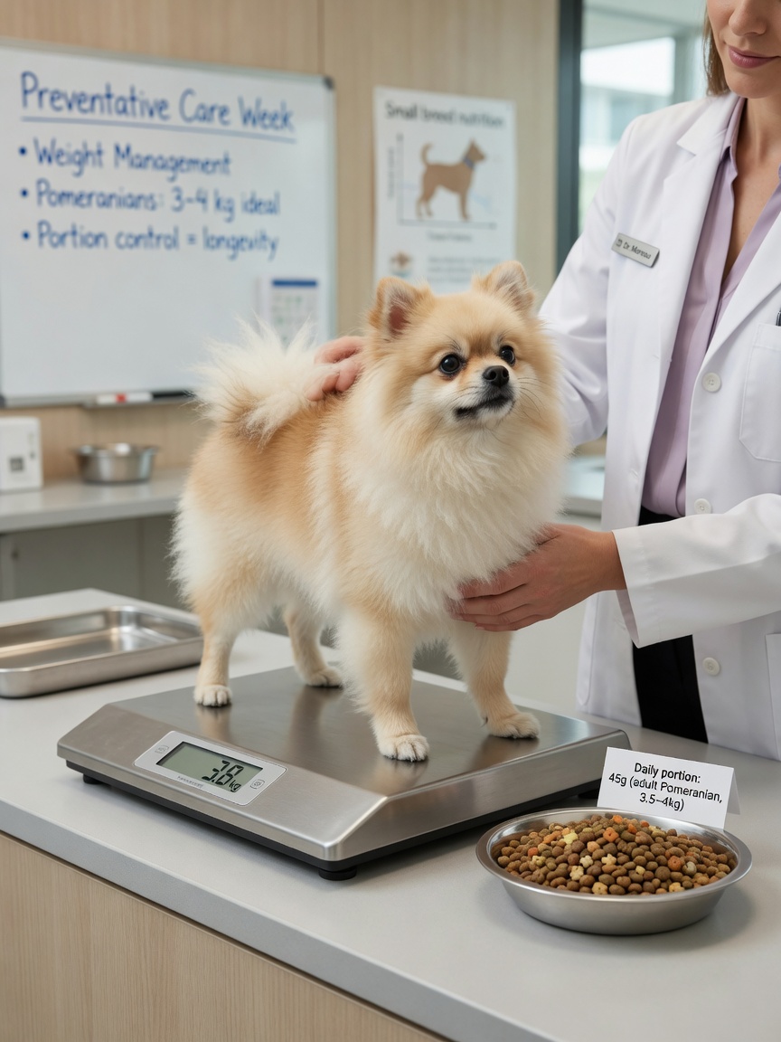 A small Pomeranian being weighed by a veterinarian in a clinic setting, with a bowl of measured dog food nearby, illustrating weight management for longevity.