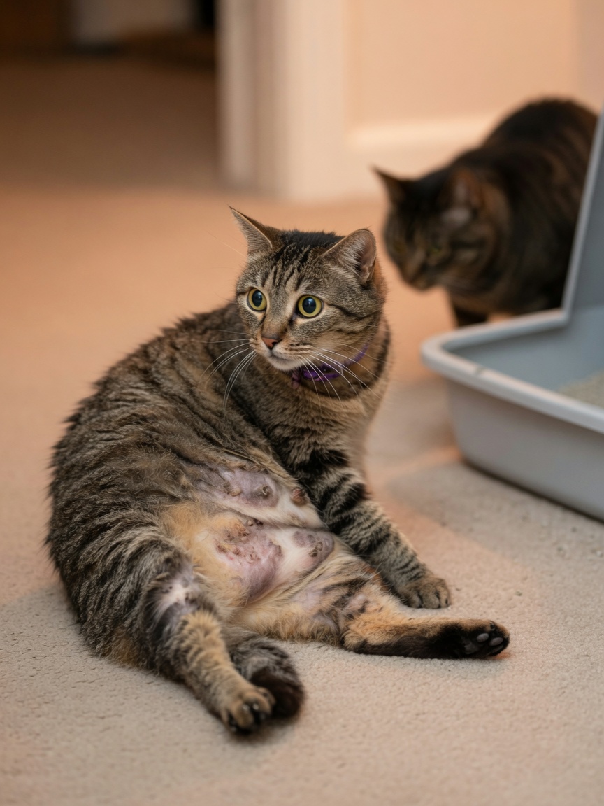Close-up of an overgroomed tabby cat with visible bald patches showing stress-related overgrooming behavior in a multi-cat home