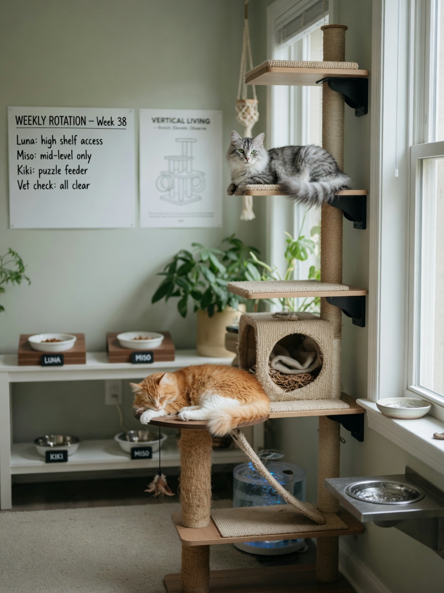 Well-designed multi-cat household with vertical shelving, separate feeding stations, and enrichment furniture allowing cats to establish individual territories