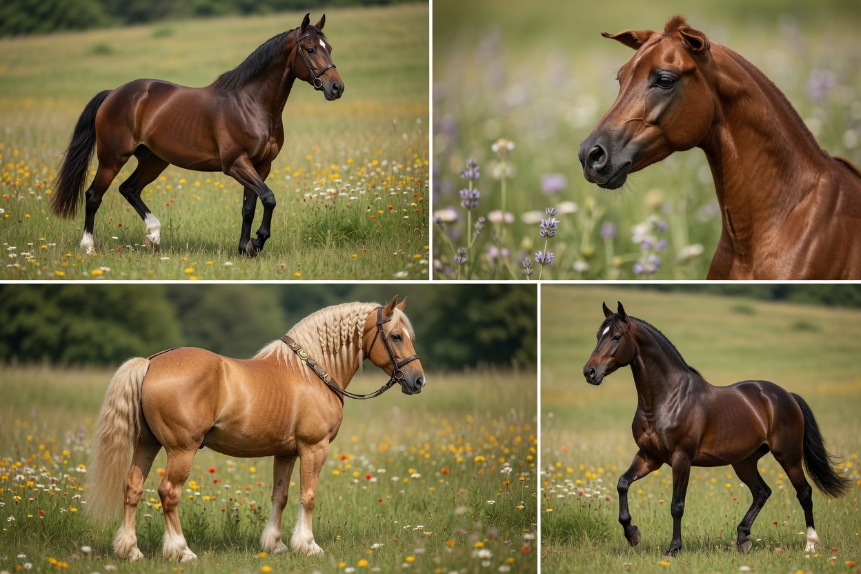 Vier Pferderassen zusammen angezeigt—Warmblut, Araber, Percheron und Tennessee Walker—jede mit unterschiedlichen physischen Eigenschaften und Rassenmerkmalen
