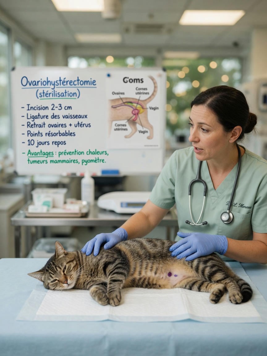 A veterinarian consoling a cat during a consultation about spaying