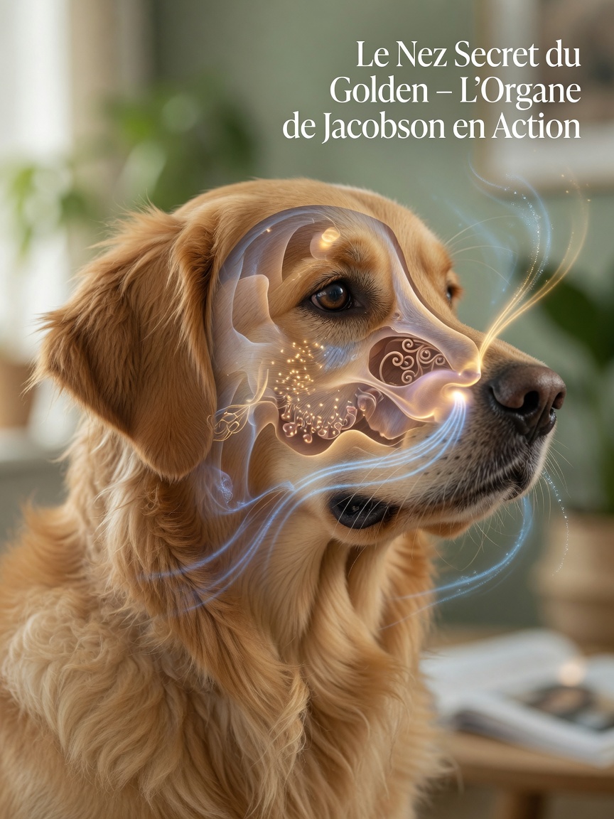 Artistic anatomical visualization of a Golden Retriever's head in profile showing the vomeronasal organ and olfactory receptors with subtle glowing light to indicate sensory processing.