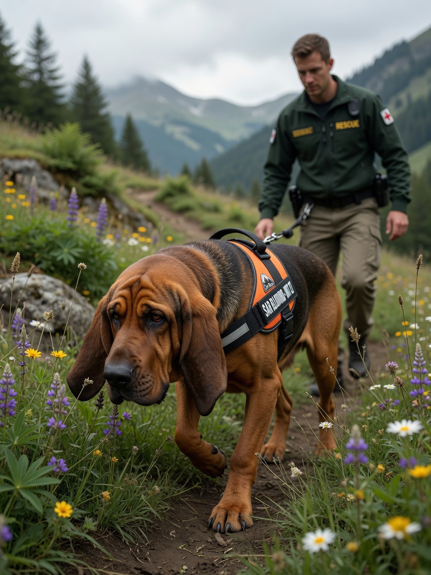 A Bloodhound with characteristic wrinkled face and drooping ears conducting a scent-tracking search in natural terrain, wearing a rescue vest harness.
