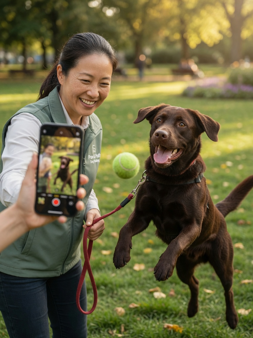 Dog walker taking social media photos of a chocolate Labrador in a park for marketing