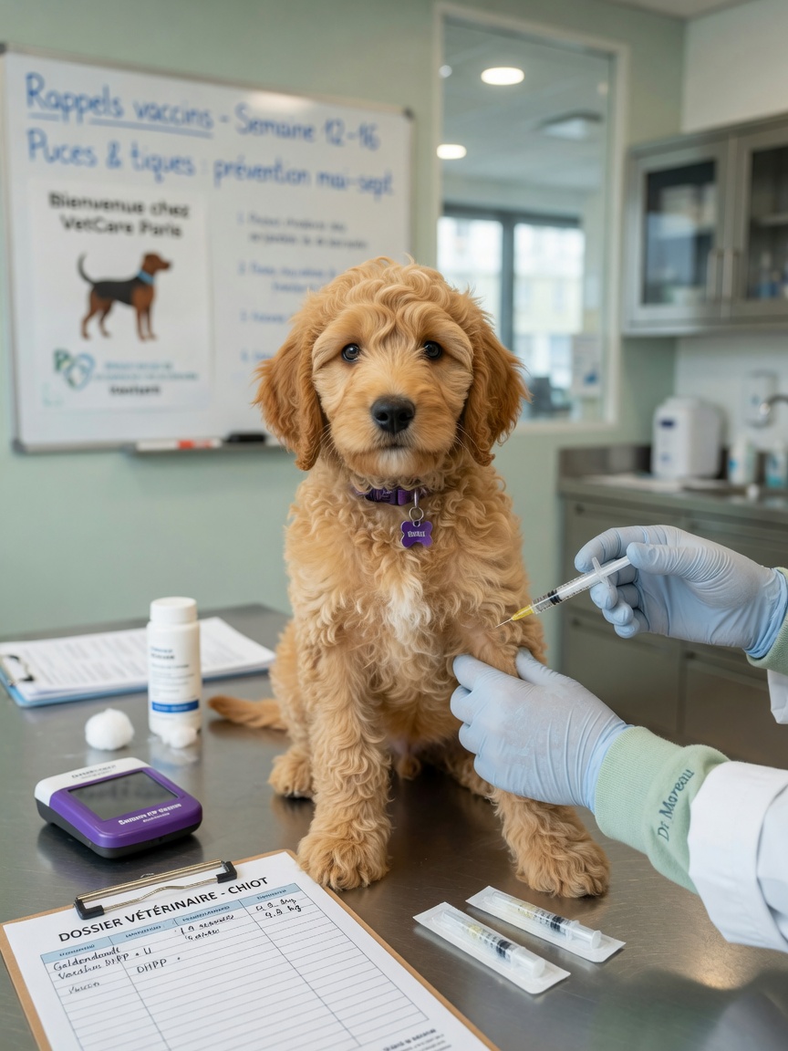 Goldendoodle-Welpe erhält tierärztliche Impfungsinjektion in einer Klinik mit medizinischen Versorgungsmaterialien auf dem Tisch