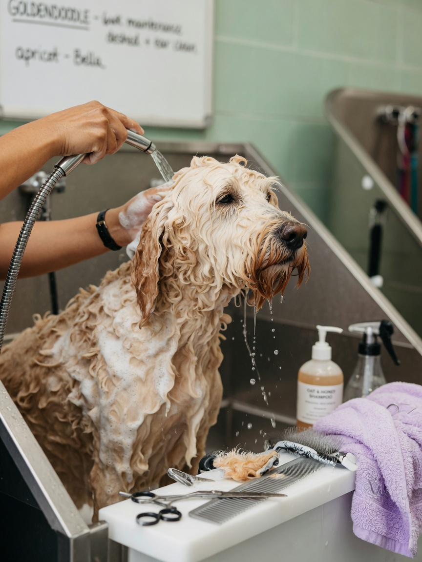 Goldendoodle mit nassem lockigem Fell wird während einer professionellen Pflegesitzung mit sichtbarem Pflegezubehör gebadet