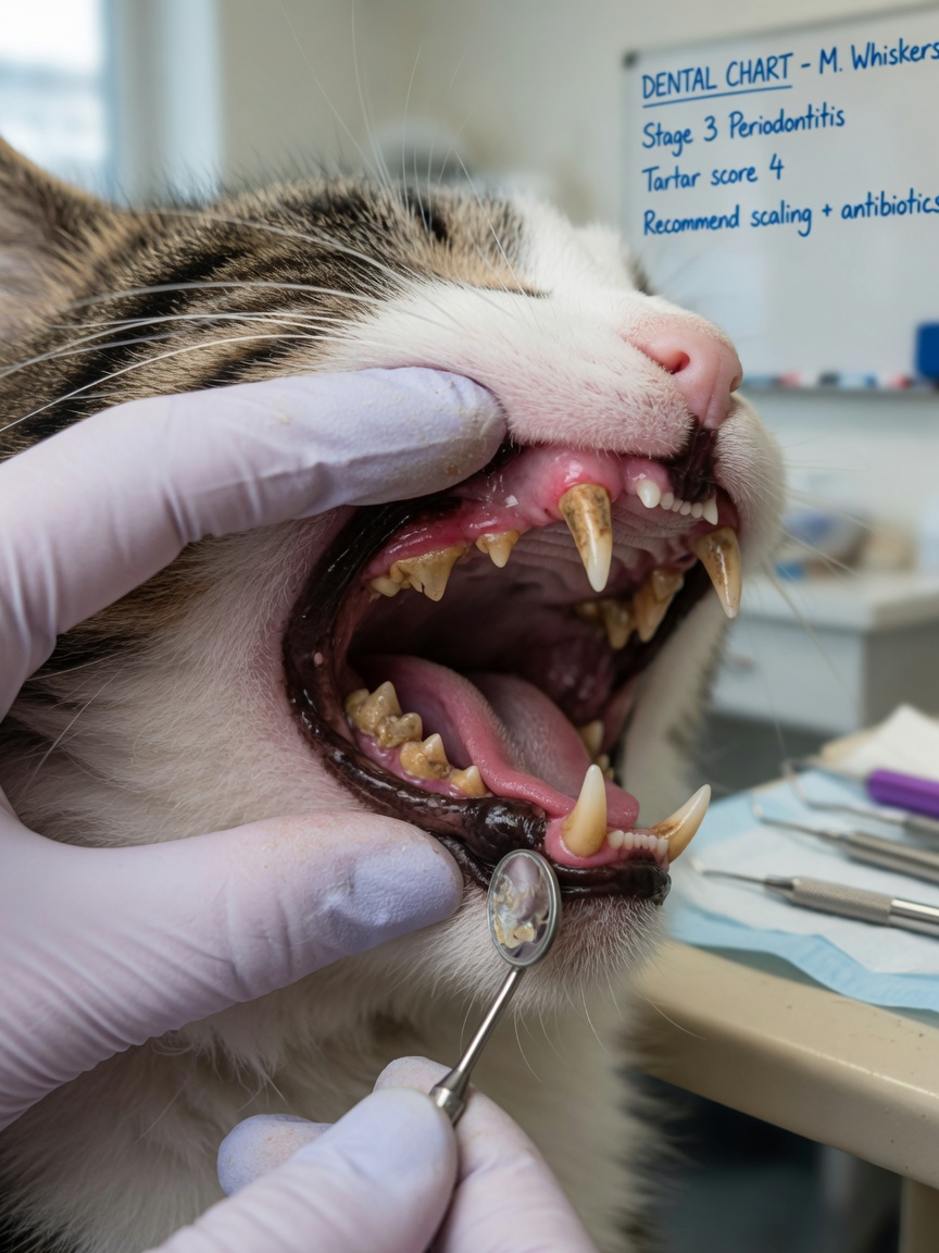 Close-up of a cat's mouth showing tartar buildup and gum disease during veterinary dental examination