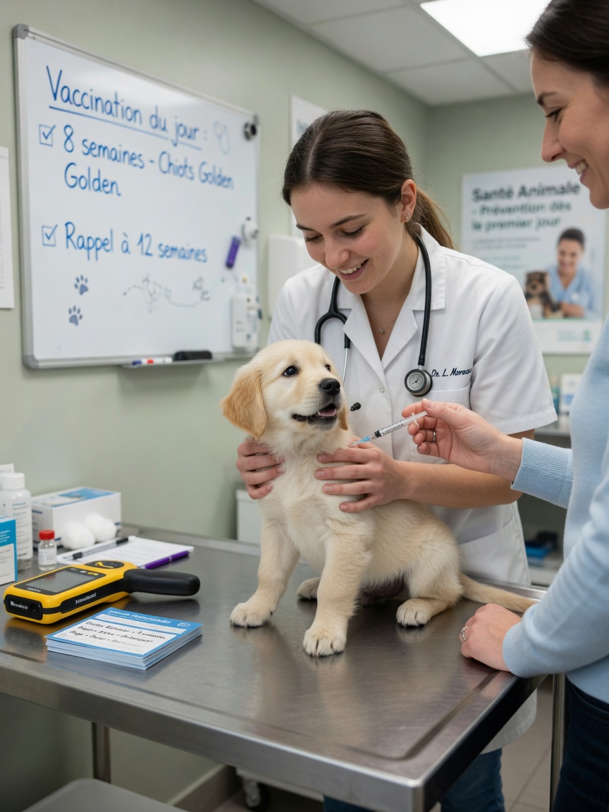 Veterinarian giving first vaccination to a young puppy during initial health check