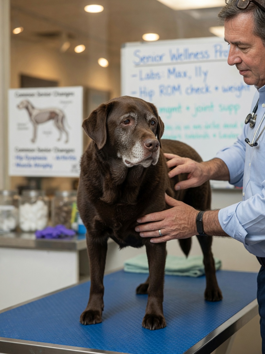 Veterinarian examining an aging senior dog's joints and mobility during a health assessment