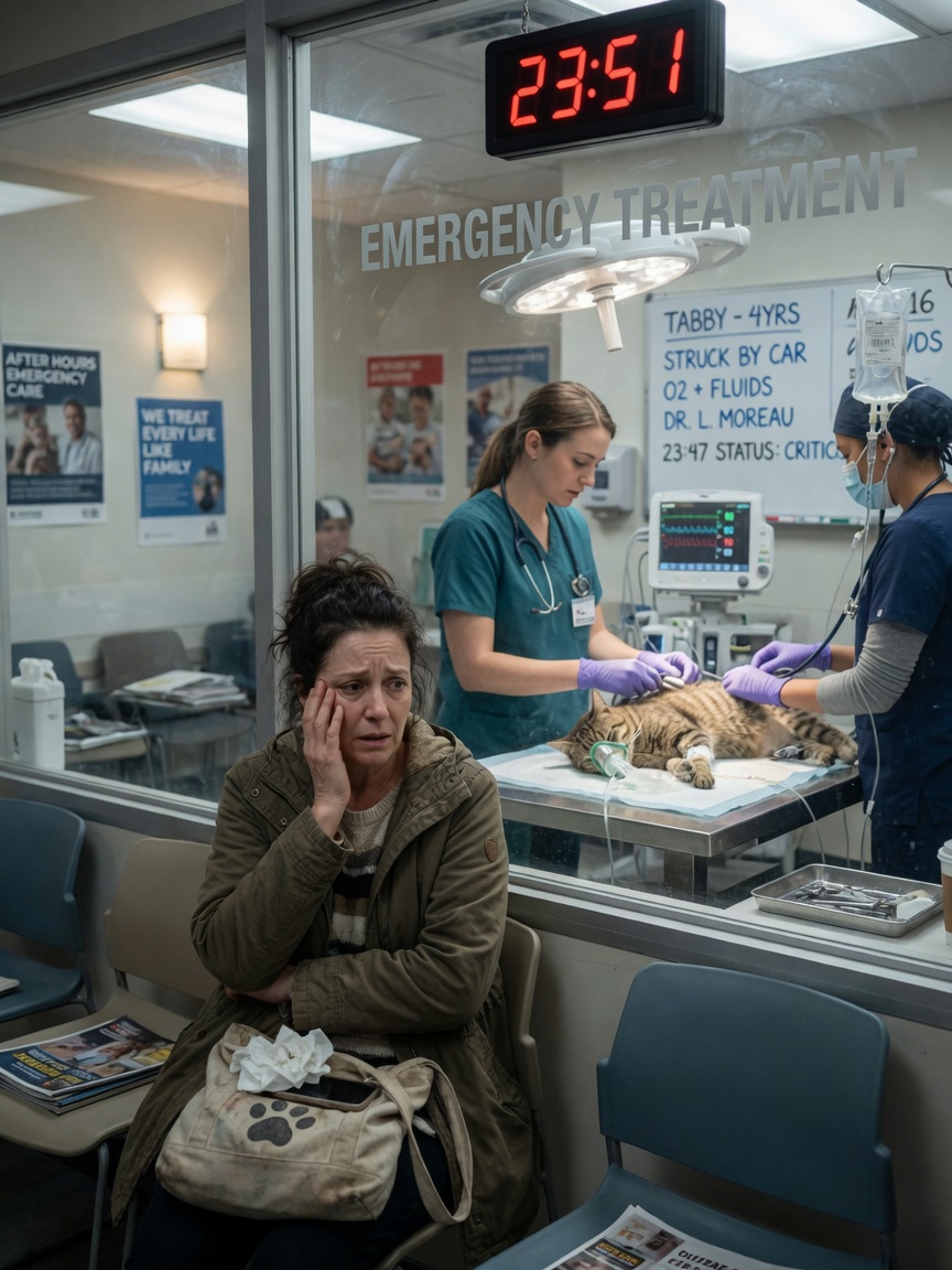 Worried pet owner in emergency vet clinic waiting area as veterinary team treats tabby cat