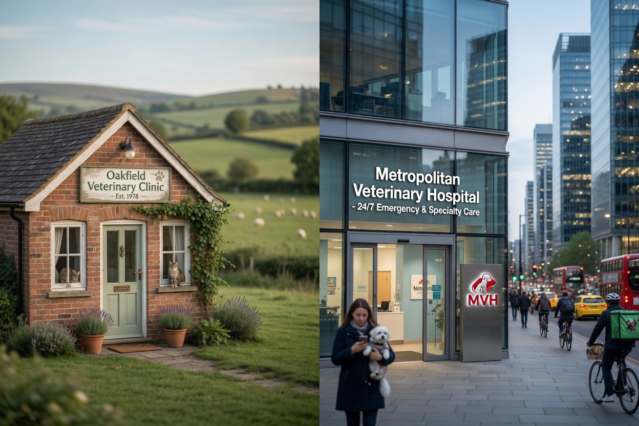 Contrast between rural cottage-style veterinary clinic and modern urban veterinary hospital