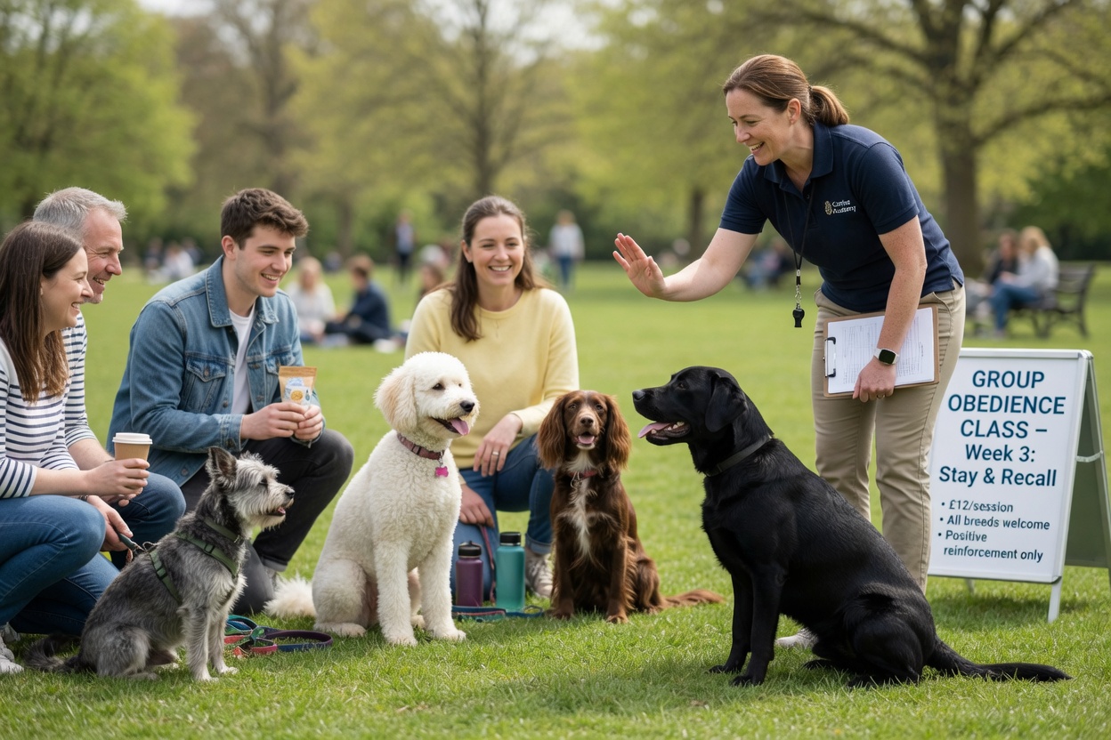 Group dog training class at a park with multiple dogs and owners participating in an obedience session