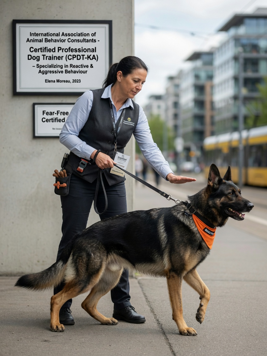 Experienced dog trainer demonstrating specialized training technique with a German Shepherd showing reactive behaviour