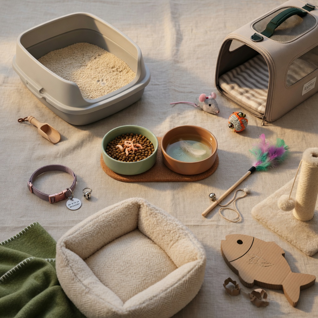 Flat-lay of essential cat supplies including litter box, bowls, bed, toys, and carrier