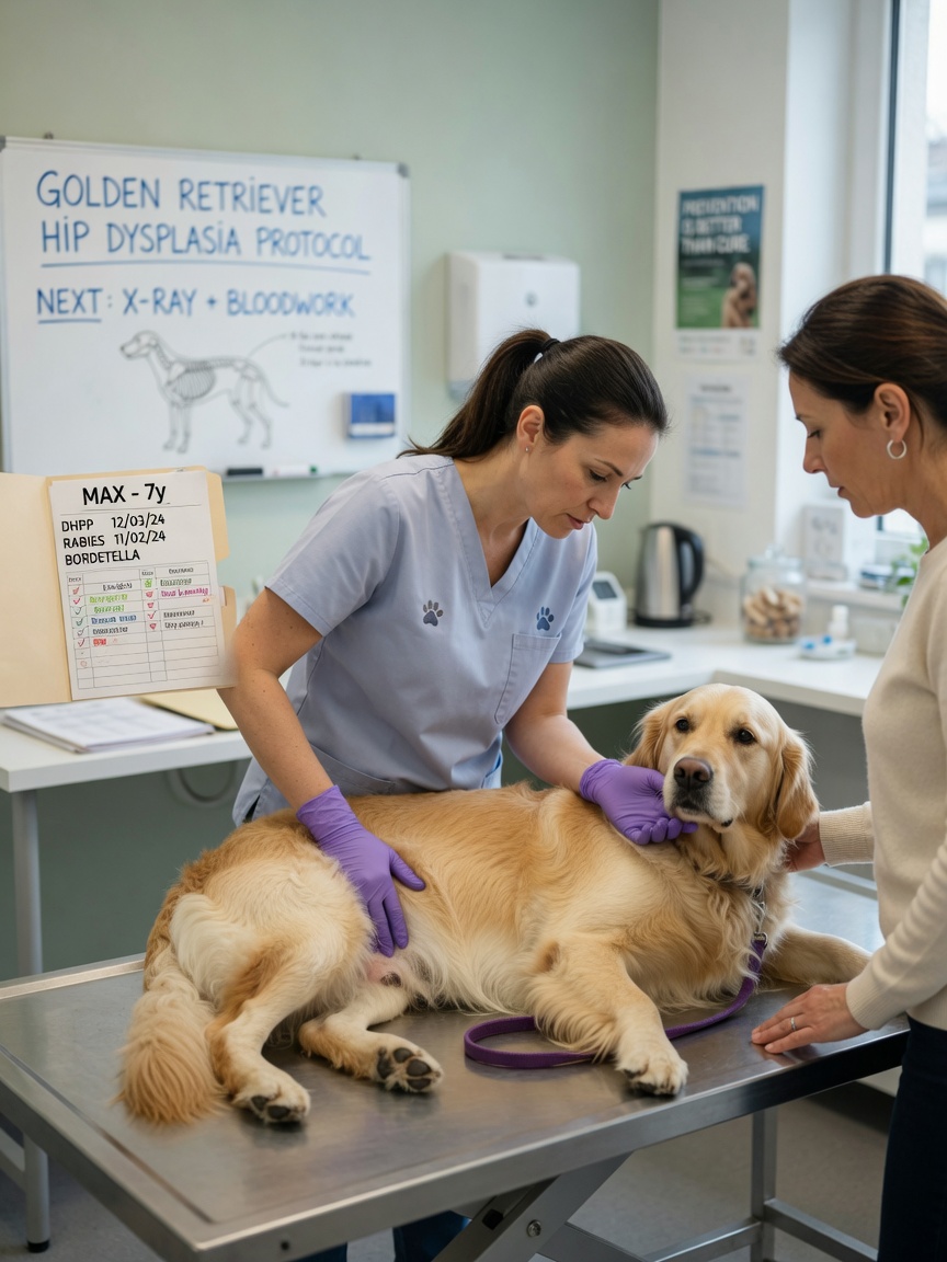 Veterinarian examining golden retriever during health check appointment