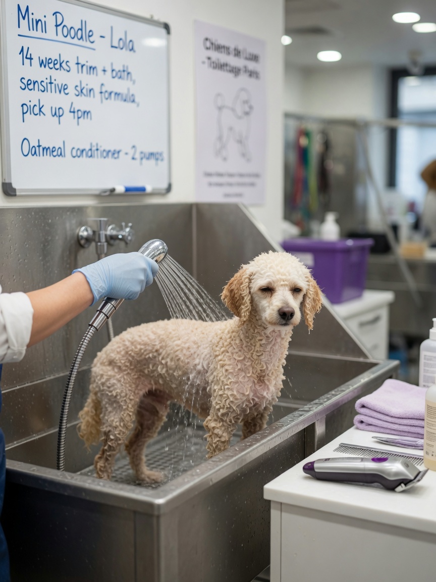Professional groomer washing a miniature poodle with cream curly coat in a grooming tub