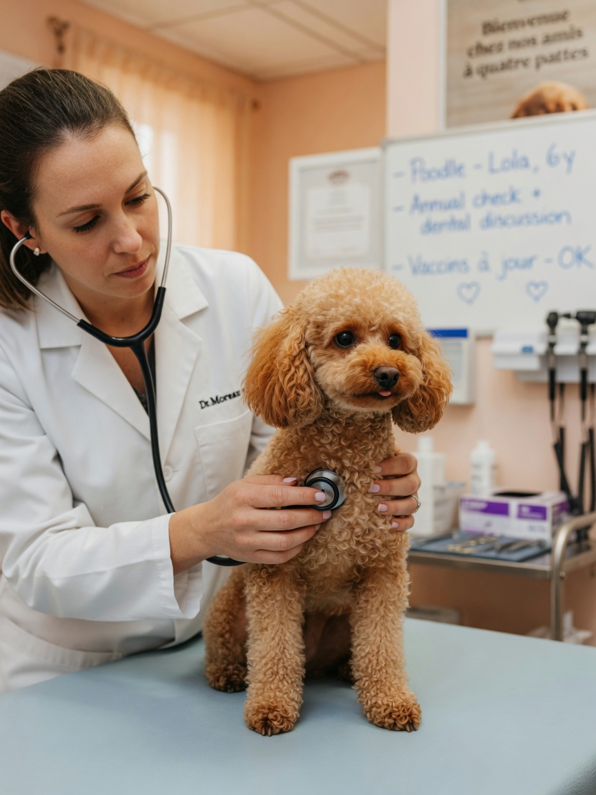 Veterinarian examining a miniature poodle with curly apricot coat using a stethoscope during a health check