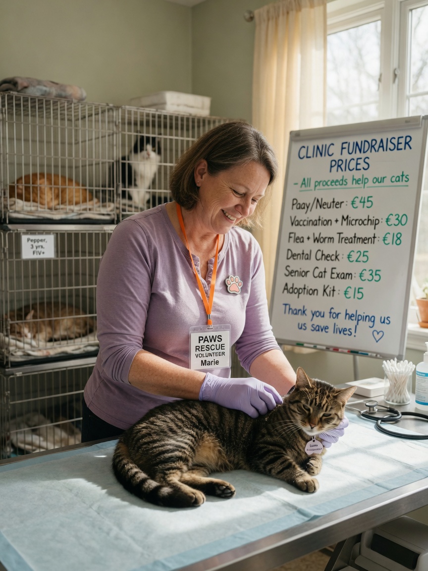 A volunteer at a cat rescue clinic examining a tabby cat on an examination table with rescue cats visible in background cages and an affordable pricing whiteboard