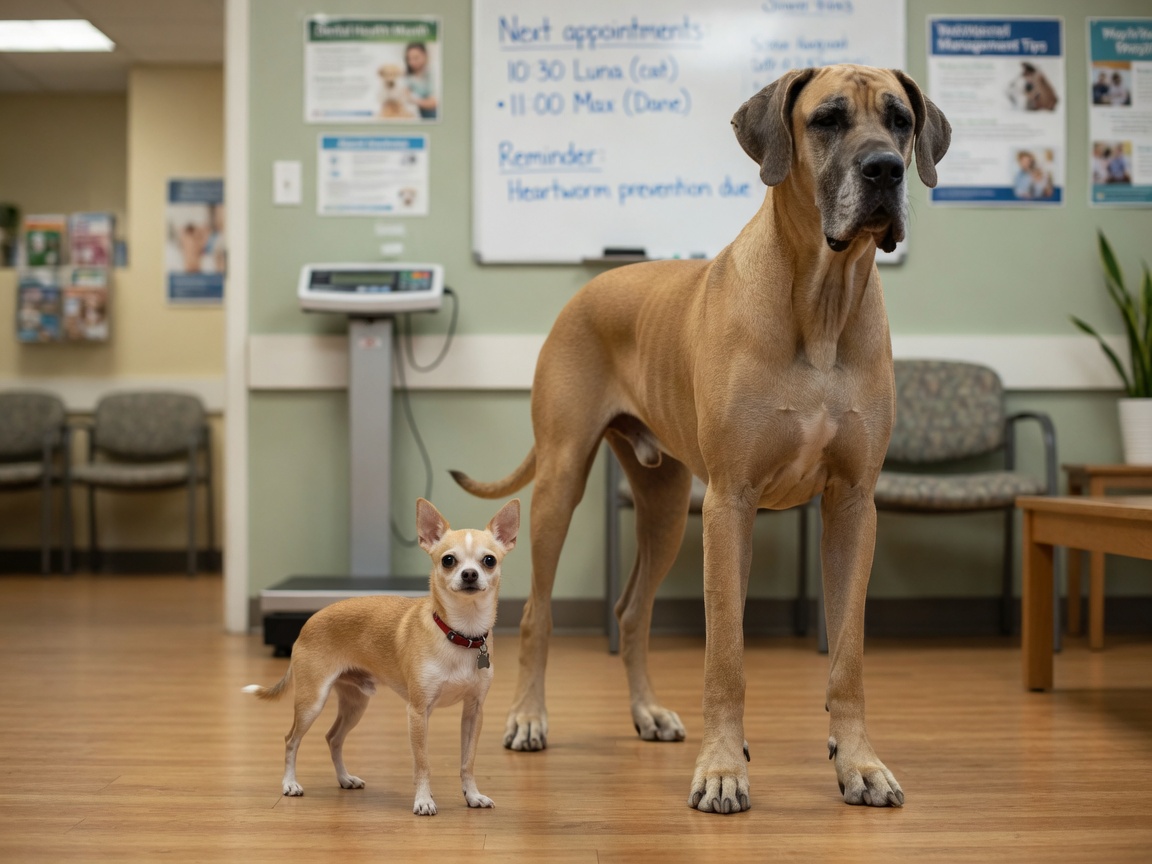 Size comparison between a small Chihuahua and a large Great Dane in a veterinary clinic, illustrating surgical cost differences