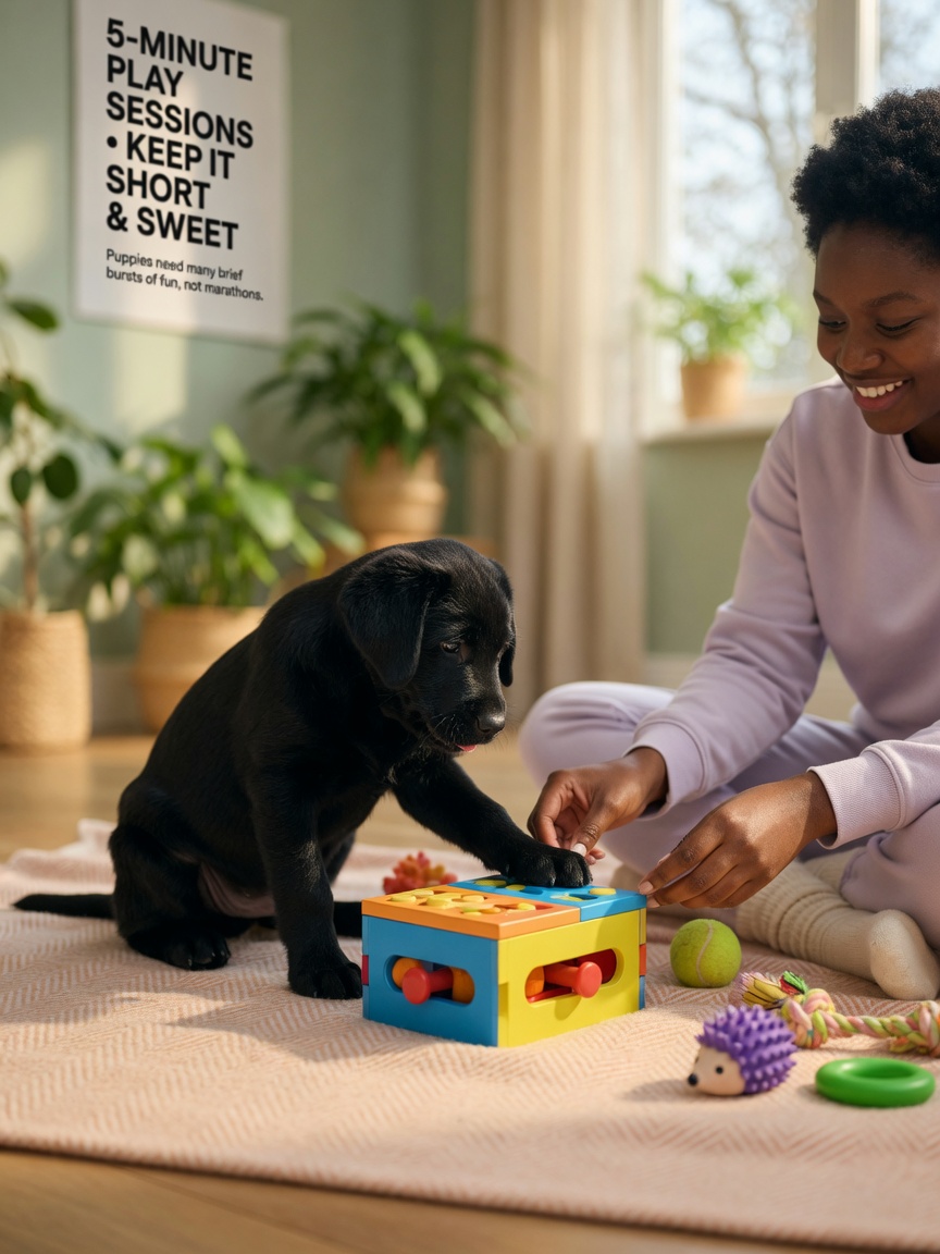 Young black Labrador puppy playing with puzzle toys indoors during a supervised short play session