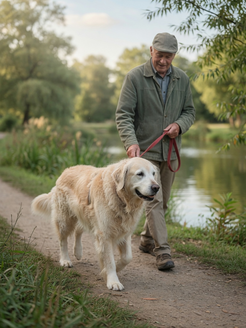 Senior golden Retriever on a gentle, leisurely walk with an older owner on a peaceful natural path