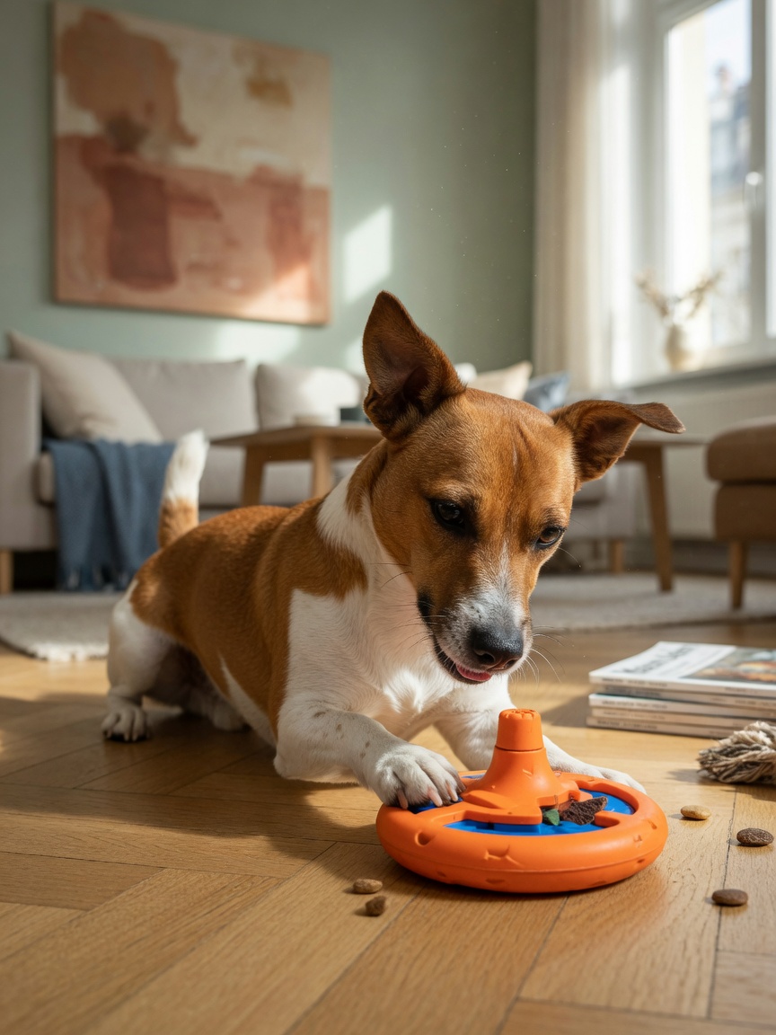 Jack Russell Terrier engaging with puzzle toy showing breed's high-energy nature