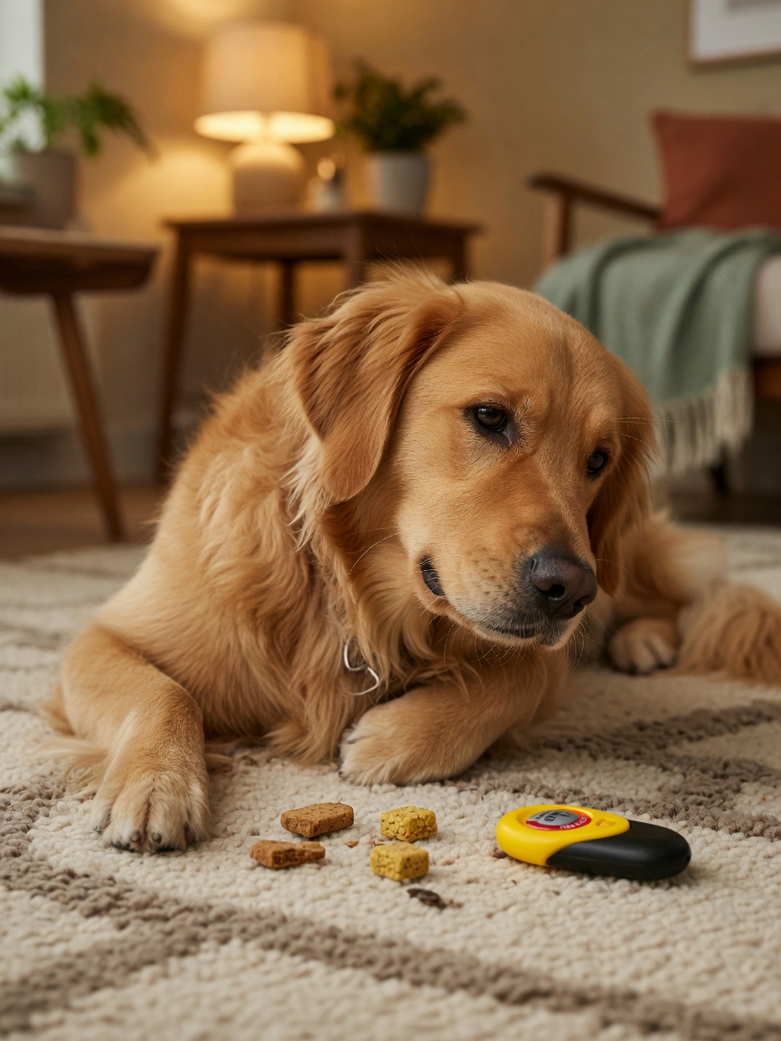 Content Golden Retriever resting after mental enrichment and training session