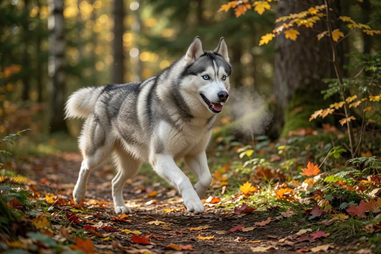 A grey and white Siberian Husky with blue eyes running energetically through a forest trail, demonstrating high-energy breed exercise capacity and endurance heritage.