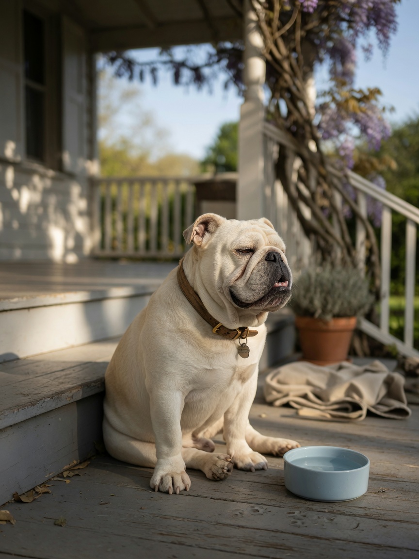 A cream-coloured Bulldog resting peacefully on a shaded porch, illustrating the appropriate low-intensity exercise and rest typical of brachycephalic breeds.