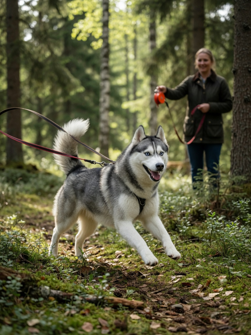 Siberian Husky running freely off-lead through forest demonstrating high-energy breed exercise needs