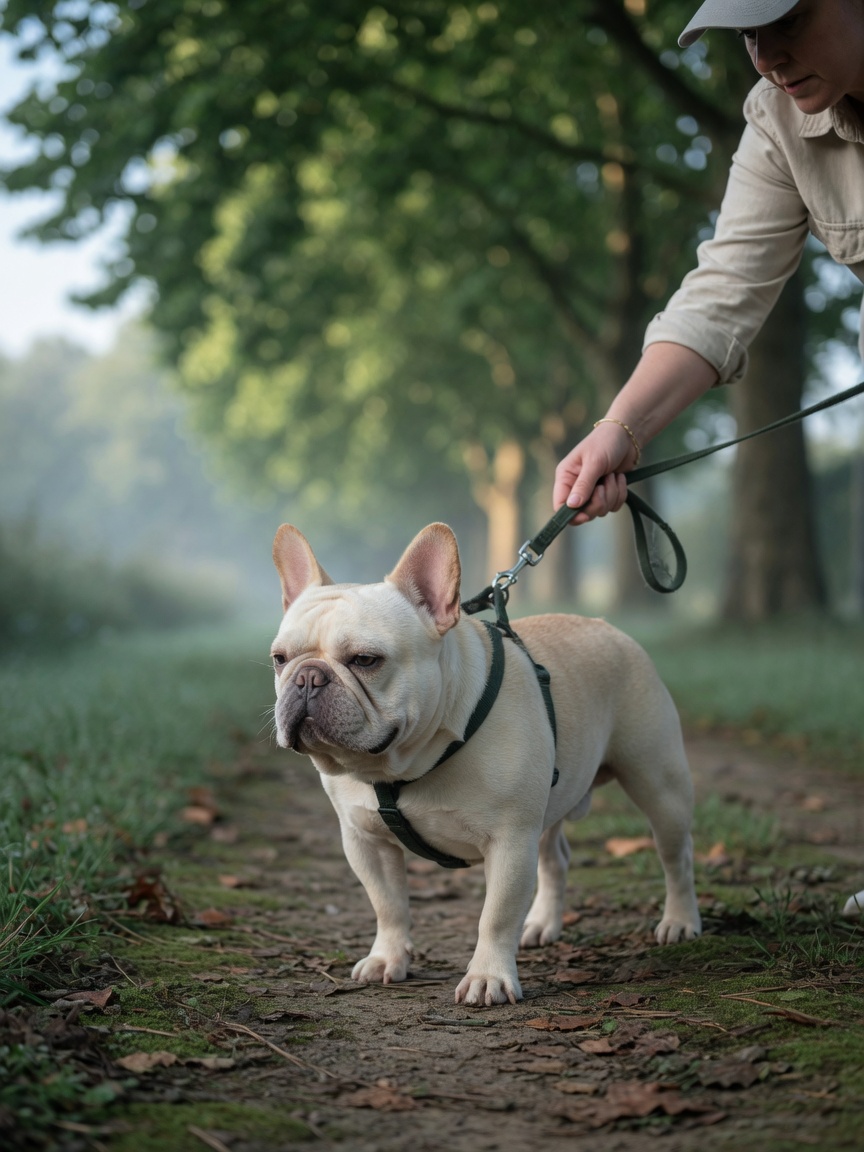 French Bulldog on a careful short walk on soft ground during cool morning hours, demonstrating safe brachycephalic breed exercise
