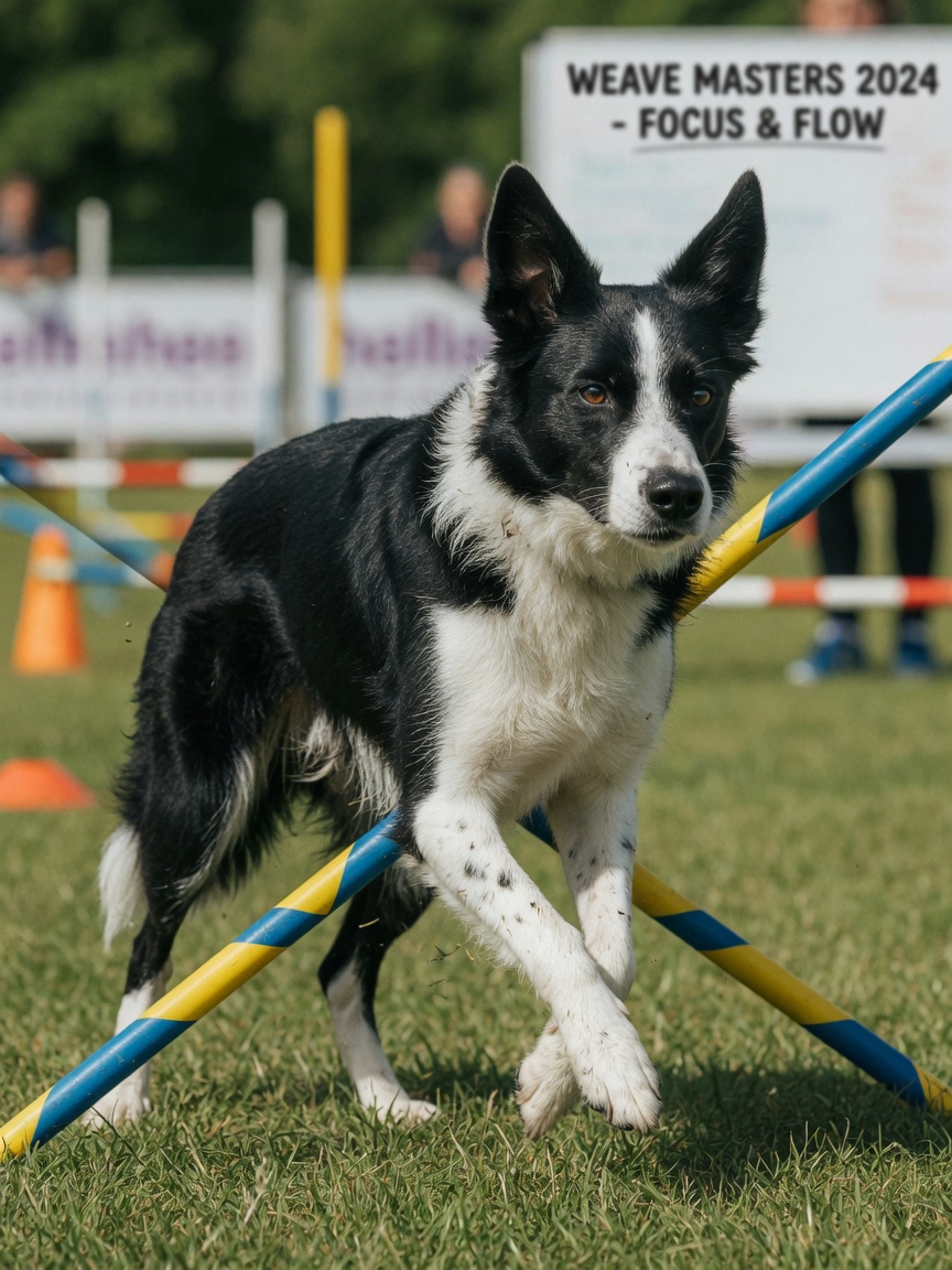 Border collie running through agility poles with athletic precision