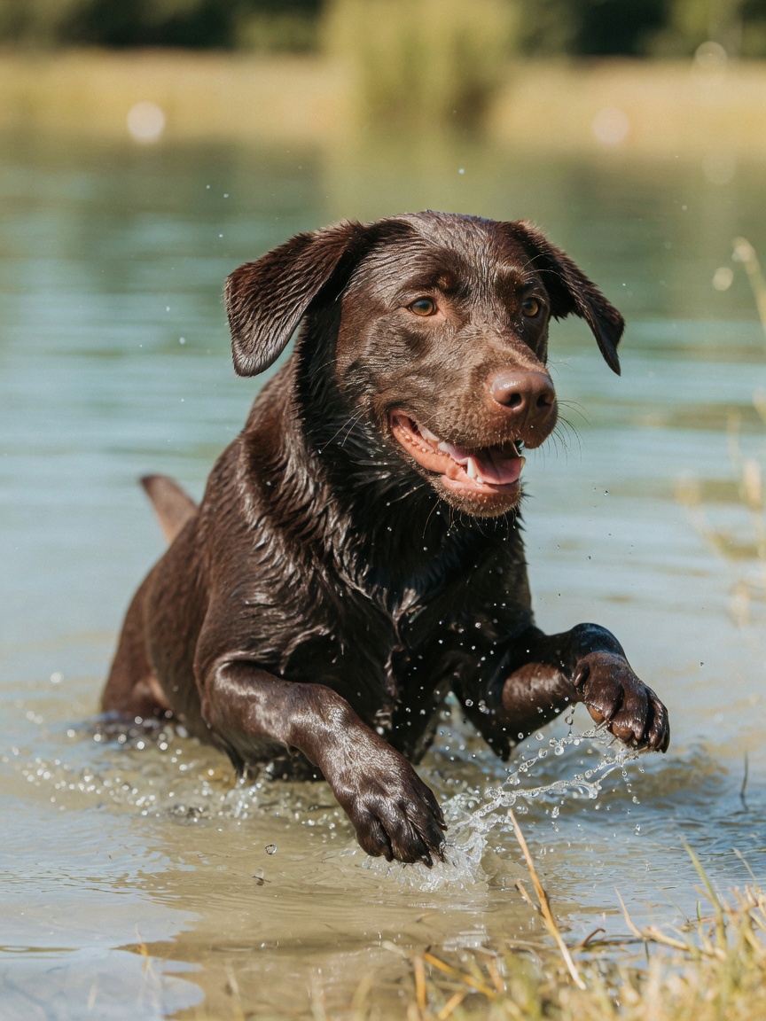 Chocolate Labrador swimming in water with joy and enthusiasm