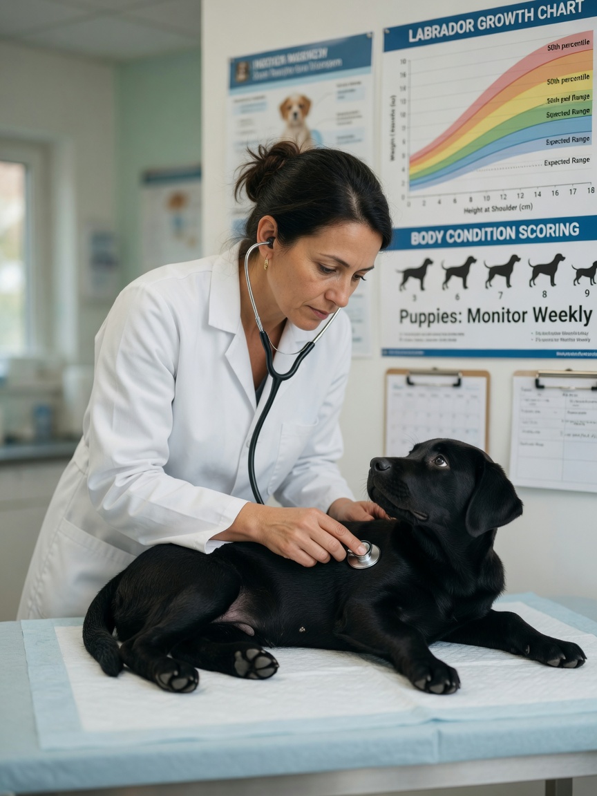 Veterinarian examining a growing black Labrador puppy on an examination table to assess nutritional needs