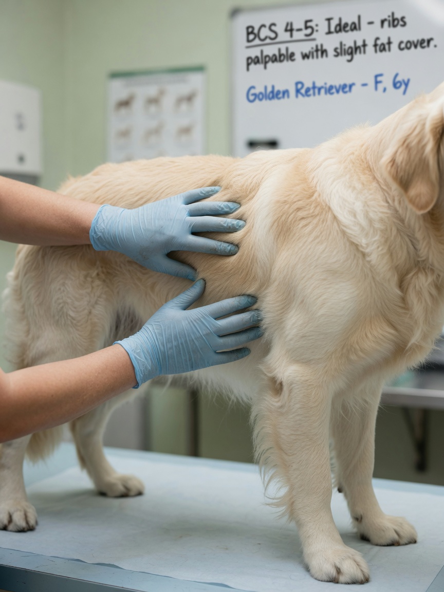 Veterinarian demonstrating Body Condition Score assessment by palpating a Golden Retriever's ribs